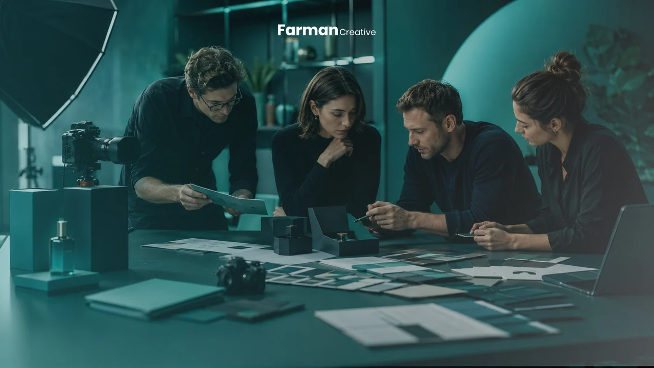 A team reviewing product shots on a photography set