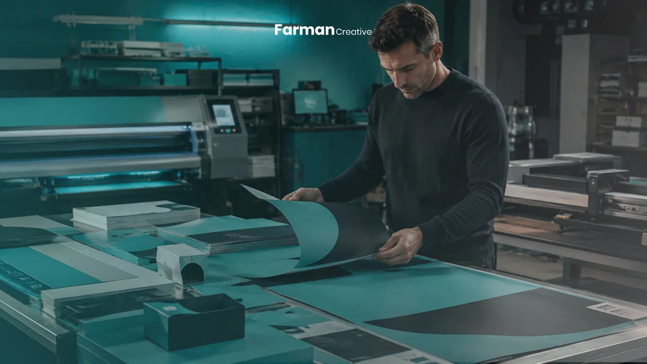 A printer checking a sheet at a large-format press