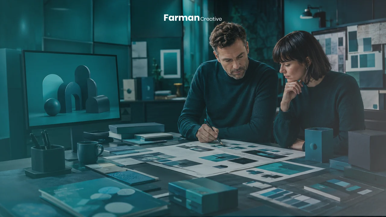 Designers reviewing brand layouts at a studio desk
