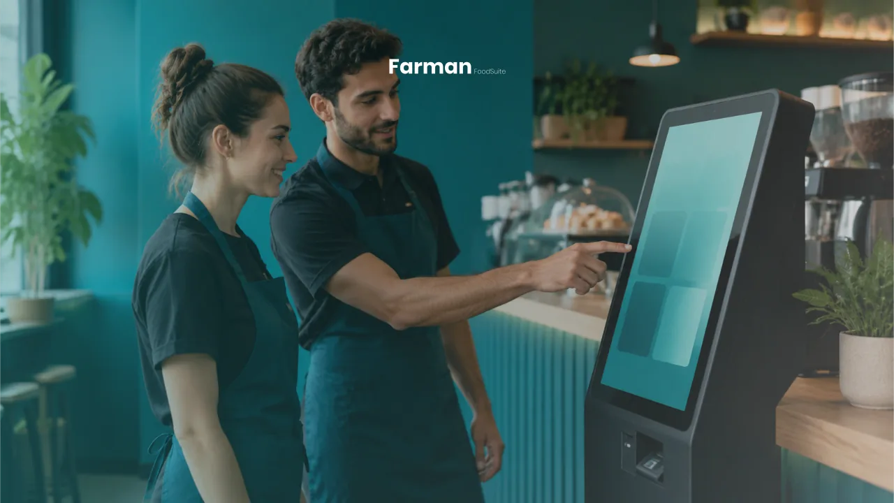 Two people setting up a touchscreen point-of-sale terminal on a cafe counter