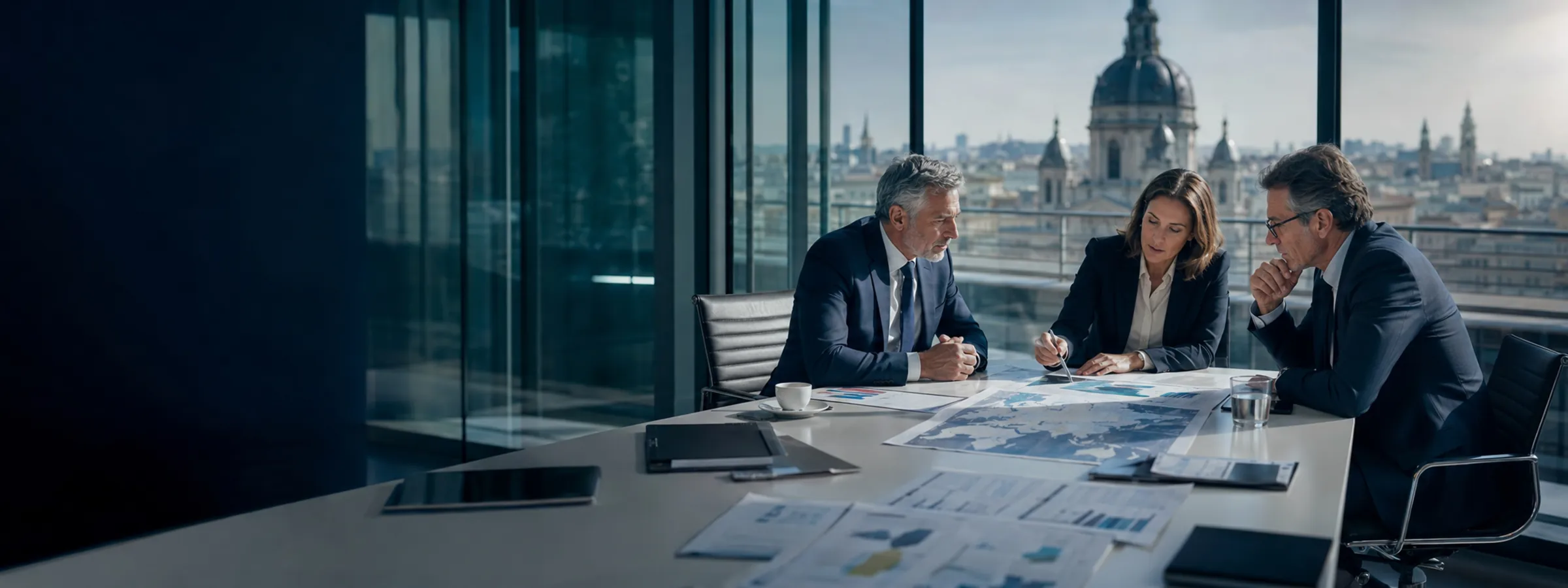 Advisors reviewing printed reports and a world map across a boardroom table