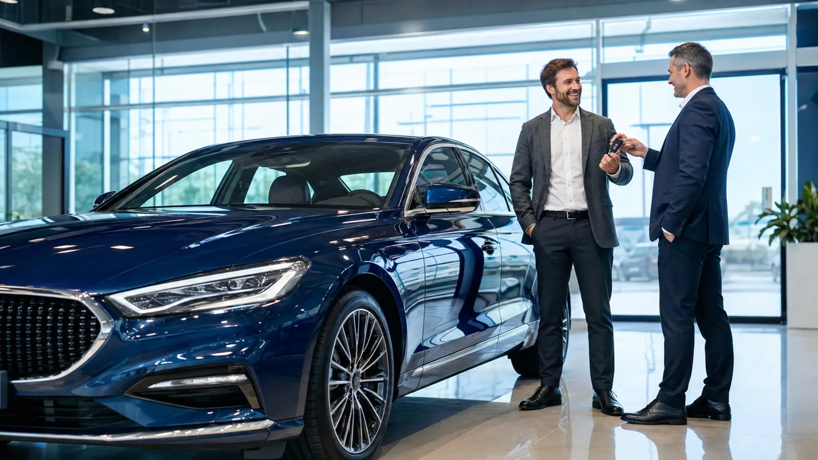 A salesperson handing car keys to a customer in a bright dealership showroom