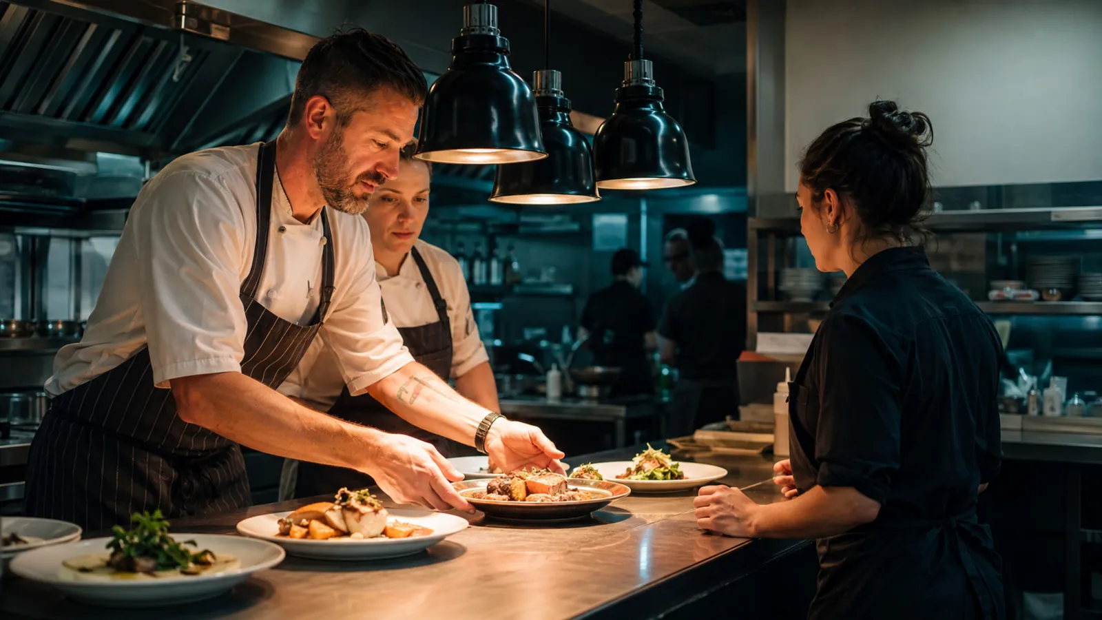 Chefs passing plated dishes across the kitchen pass to a server during service