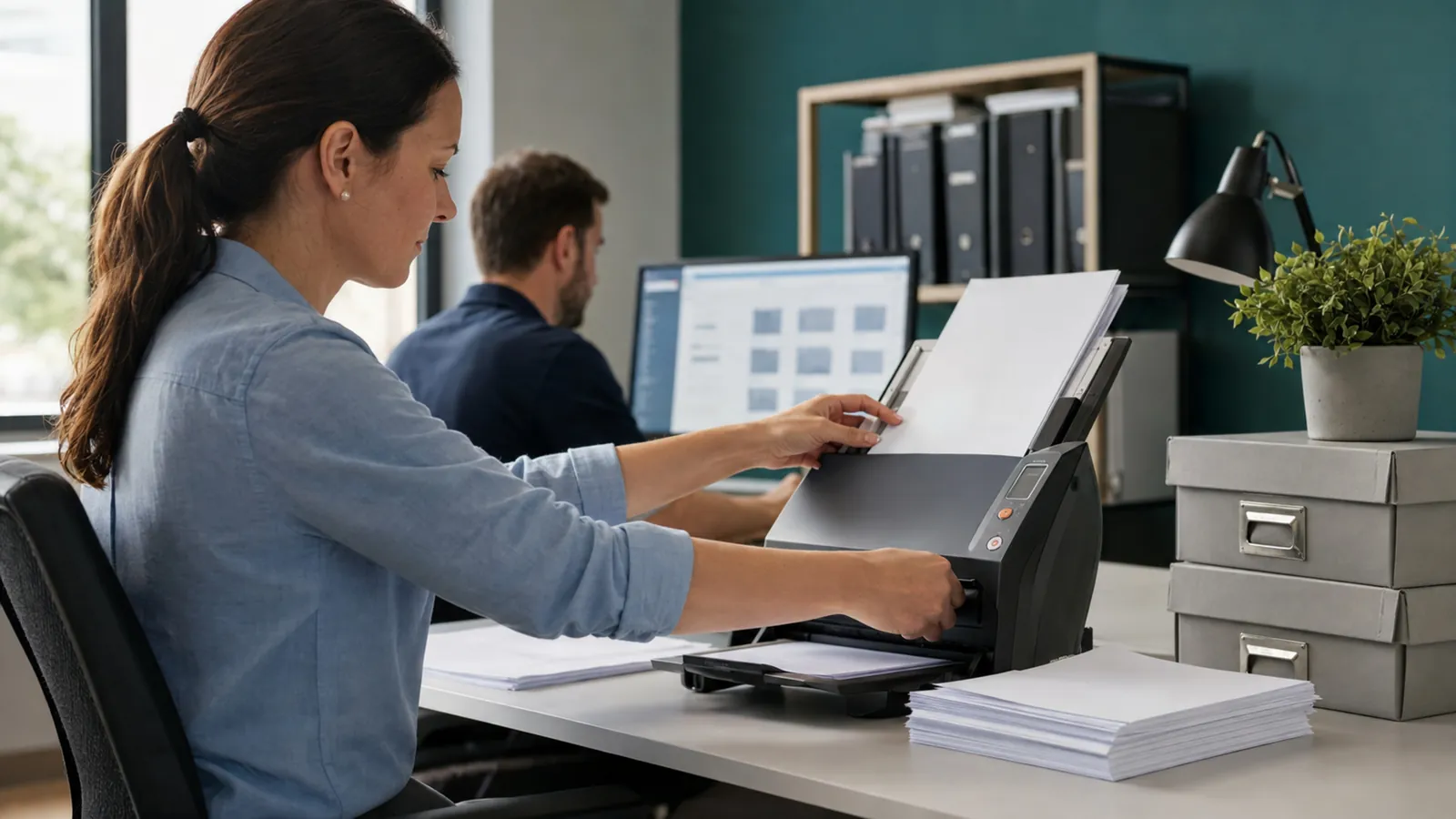 A person feeding documents into a desktop scanner beside archive boxes and shelved binders