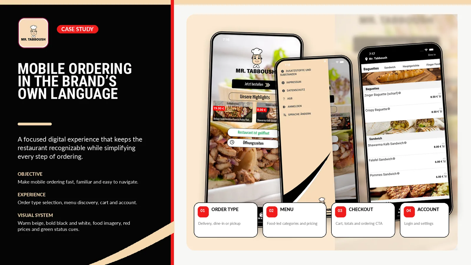 The MR. Tabboush ordering experience across its main screens